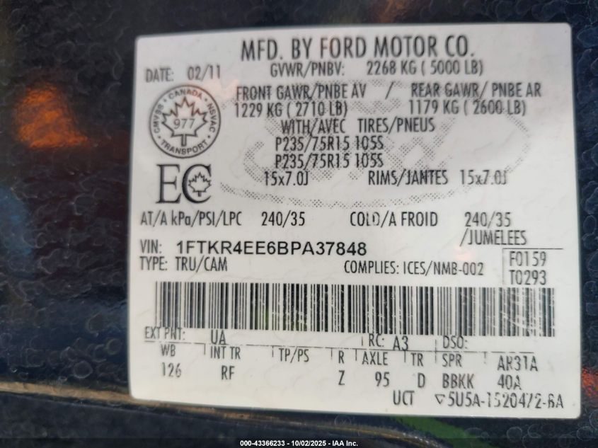 2011 Ford Ranger Sport VIN: 1FTKR4EE6BPA37848 Lot: 43366233