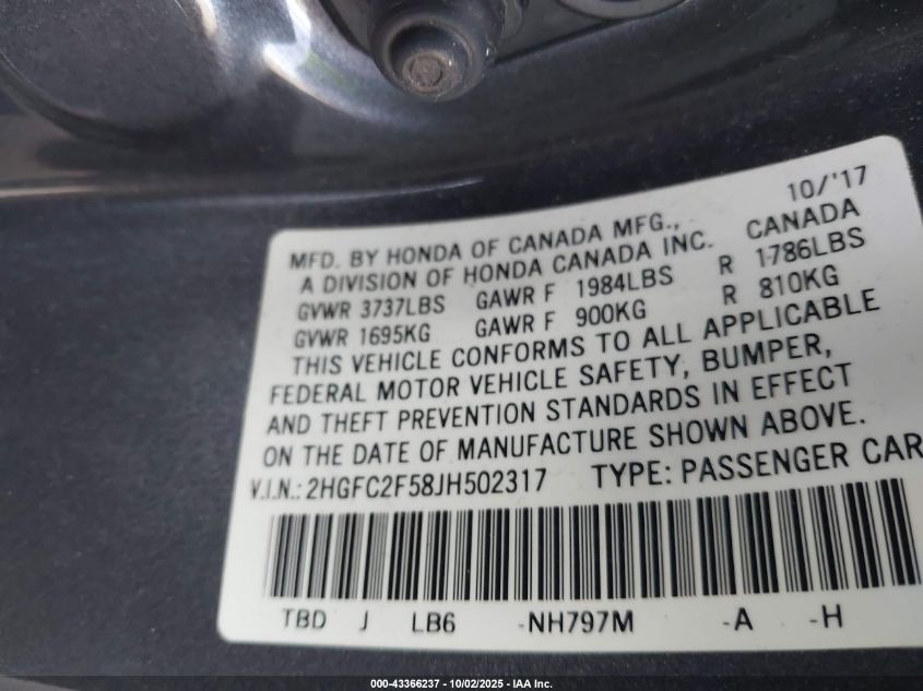 2018 Honda Civic Lx VIN: 2HGFC2F58JH502317 Lot: 43366237