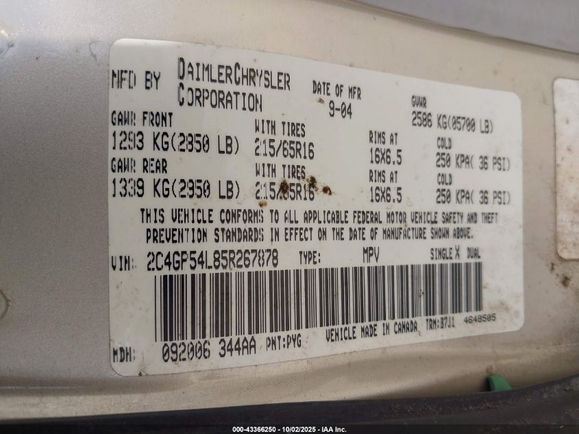 2005 Chrysler Town & Country Touring VIN: 2C4GP54L85R267878 Lot: 43366250