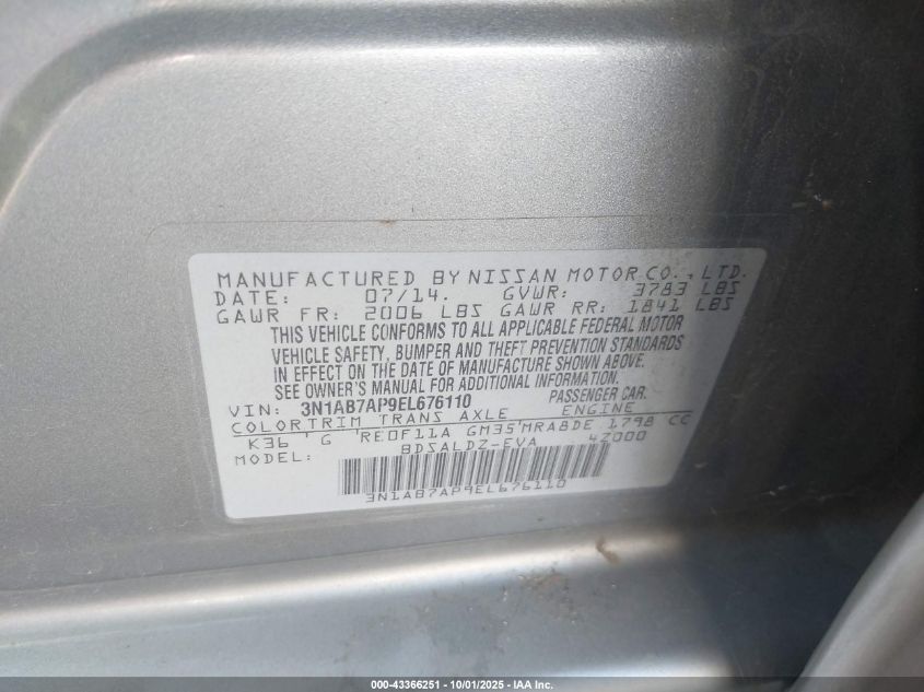 2014 Nissan Sentra Sv VIN: 3N1AB7AP9EL676110 Lot: 43366251