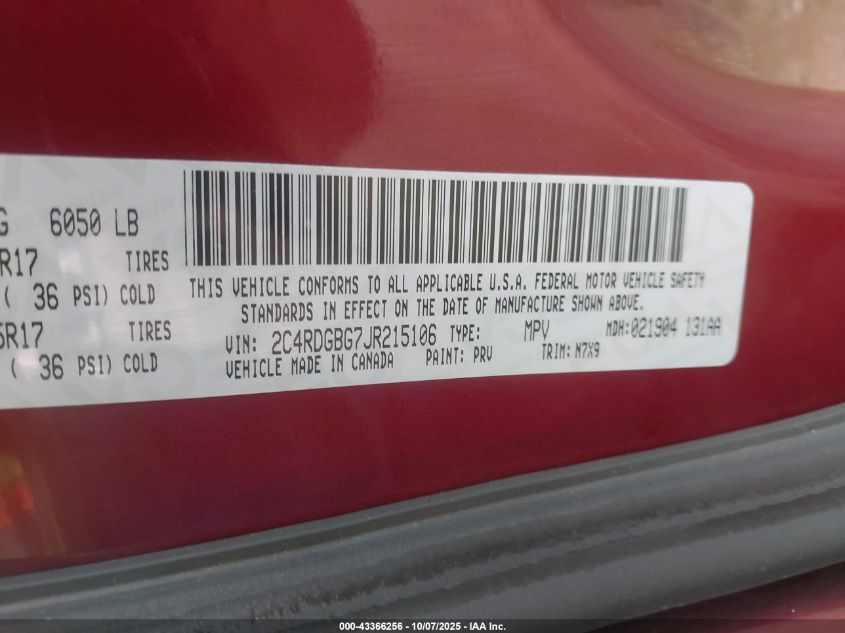 2018 Dodge Grand Caravan Se Plus VIN: 2C4RDGBG7JR215106 Lot: 43366256