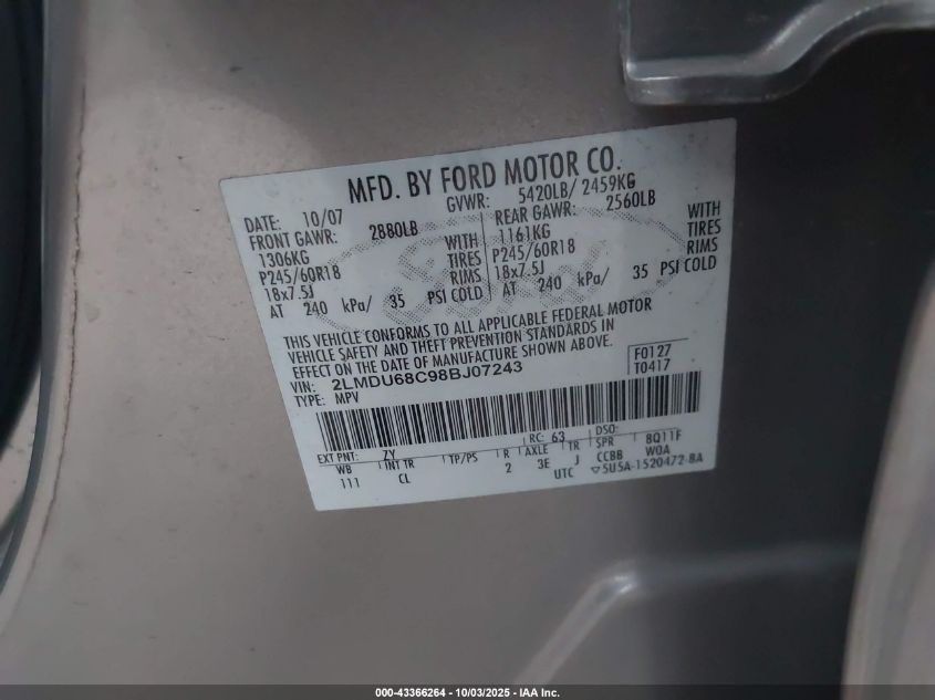 2008 Lincoln Mkx VIN: 2LMDU68C98BJ07243 Lot: 43366264