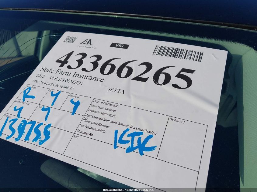 2012 Volkswagen Jetta 2.0L S VIN: 3VW2K7AJ9CM346517 Lot: 43366265