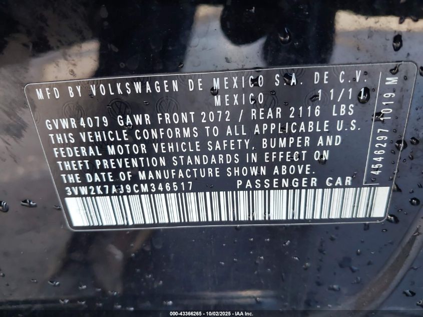 2012 Volkswagen Jetta 2.0L S VIN: 3VW2K7AJ9CM346517 Lot: 43366265