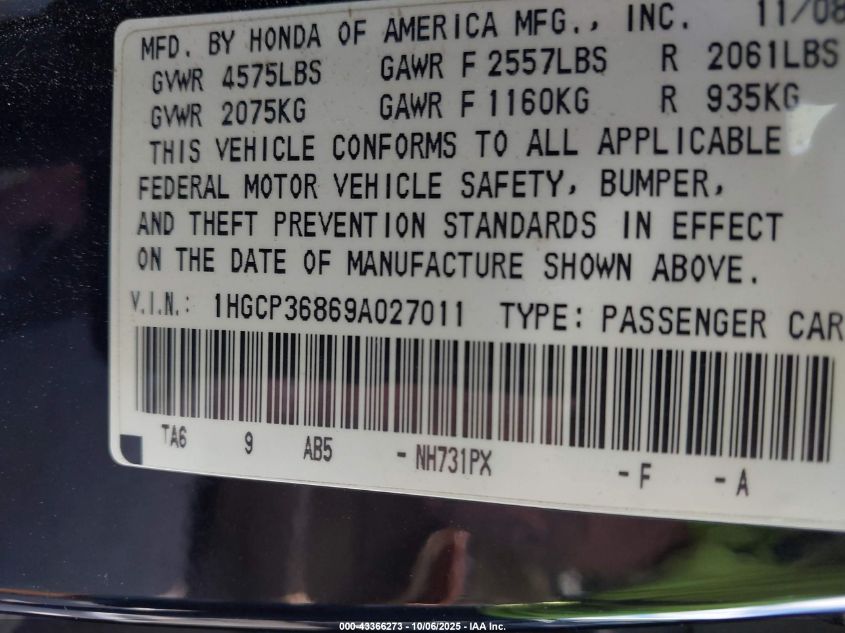 2009 Honda Accord 3.5 Ex-L VIN: 1HGCP36869A027011 Lot: 43366273