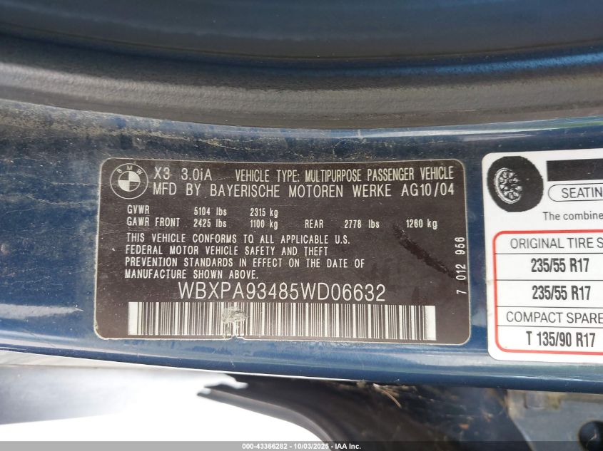 2005 BMW X3 3.0I VIN: WBXPA93485WD06632 Lot: 43366282