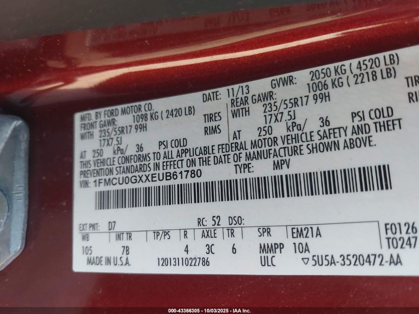 2014 Ford Escape Se VIN: 1FMCU0GXXEUB61780 Lot: 43366305