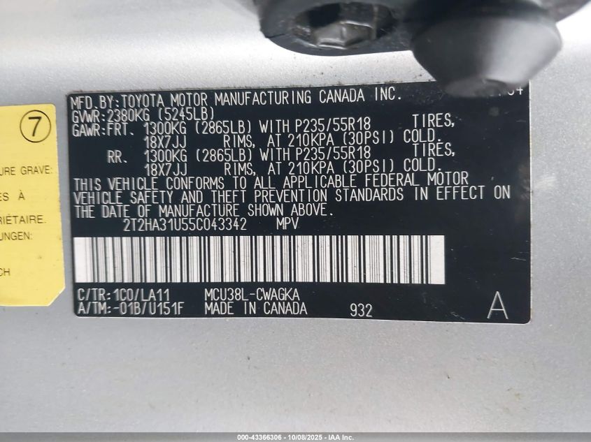 2005 Lexus Rx 330 VIN: 2T2HA31U55C043342 Lot: 43366306