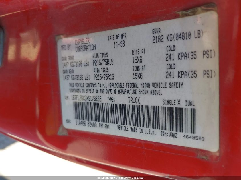 1999 Dodge Dakota Slt/Sport VIN: 1B7FL26X3XS173253 Lot: 43366312