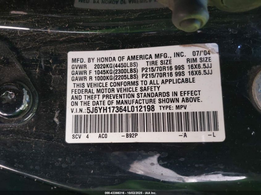 2004 Honda Element Lx VIN: 5J6YH17364L012198 Lot: 43366316