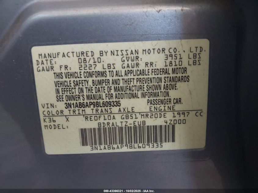 2011 Nissan Sentra 2.0S VIN: 3N1AB6AP9BL609335 Lot: 43366321