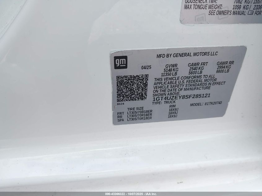 2025 GMC Sierra 2500Hd 4Wd Standard Bed At4X VIN: 1GT4UZEY8SF285121 Lot: 43366322
