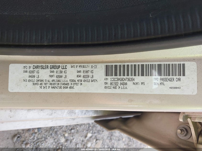 2013 Chrysler 200 Lx VIN: 1C3CCBAG8DN736354 Lot: 43366330