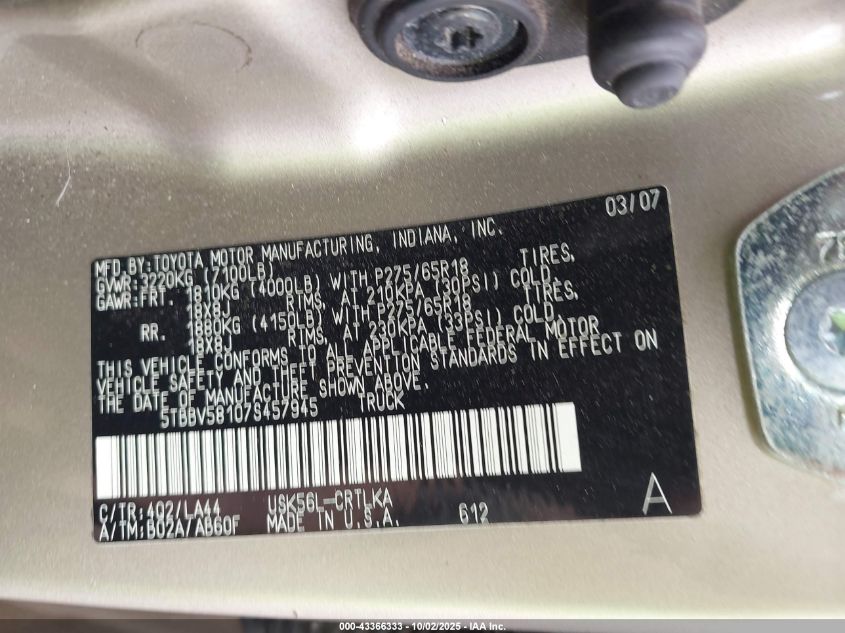 2007 Toyota Tundra Limited 5.7L V8 VIN: 5TBBV58107S457945 Lot: 43366333