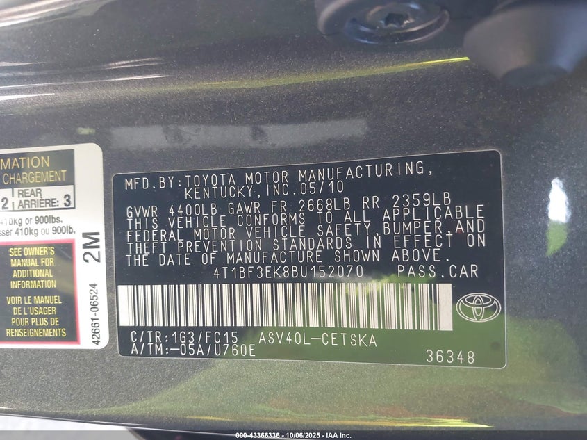 2011 Toyota Camry Se VIN: 4T1BF3EK8BU152070 Lot: 43366336