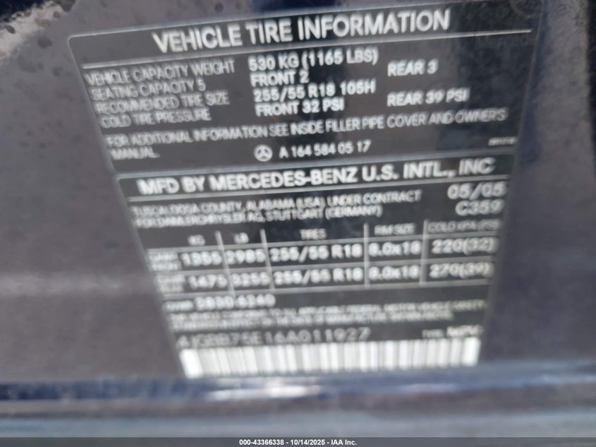 2006 Mercedes-Benz Ml 500 4Matic VIN: 4JGBB75E16A011927 Lot: 43366338