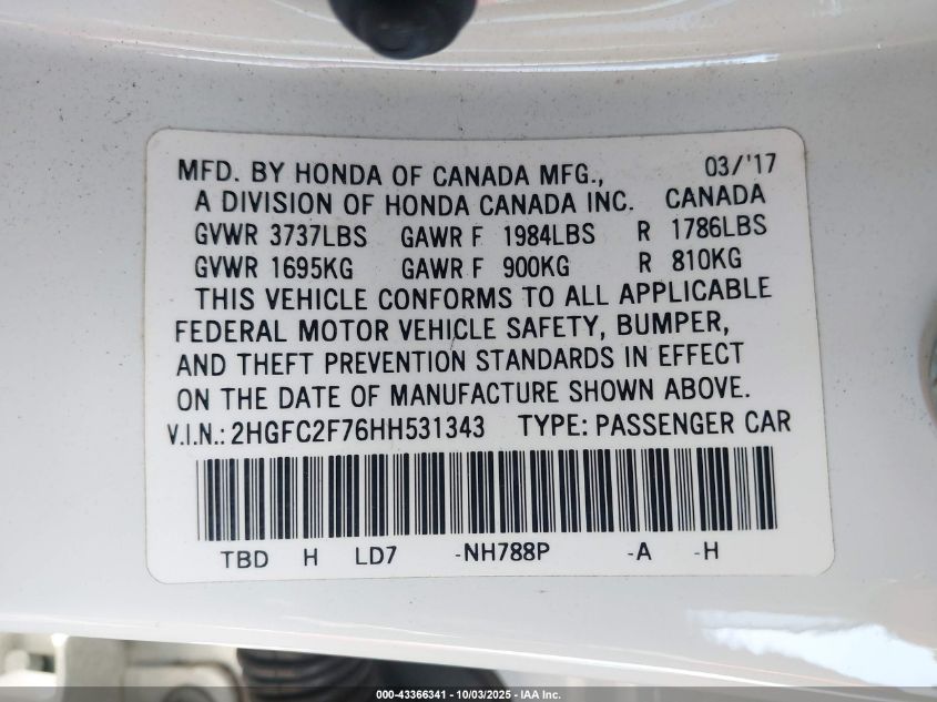 2017 Honda Civic Ex VIN: 2HGFC2F76HH531343 Lot: 43366341