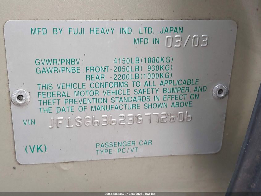 2003 Subaru Forester X VIN: JF1SG63623G772606 Lot: 43366342