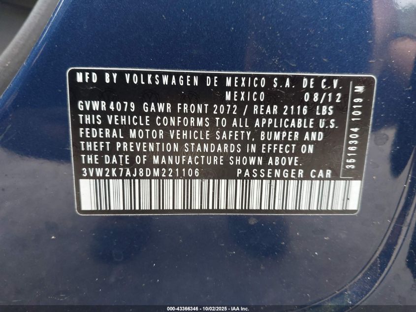 2013 Volkswagen Jetta 2.0L S VIN: 3VW2K7AJ8DM221106 Lot: 43366346