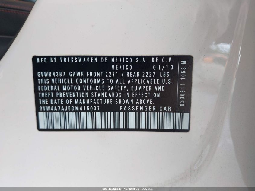 2013 Volkswagen Jetta Gli Autobahn VIN: 3VW4A7AJ5DM415037 Lot: 43366348