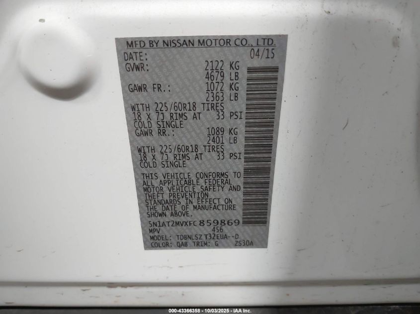 2015 Nissan Rogue Sl VIN: 5N1AT2MVXFC859869 Lot: 43366358