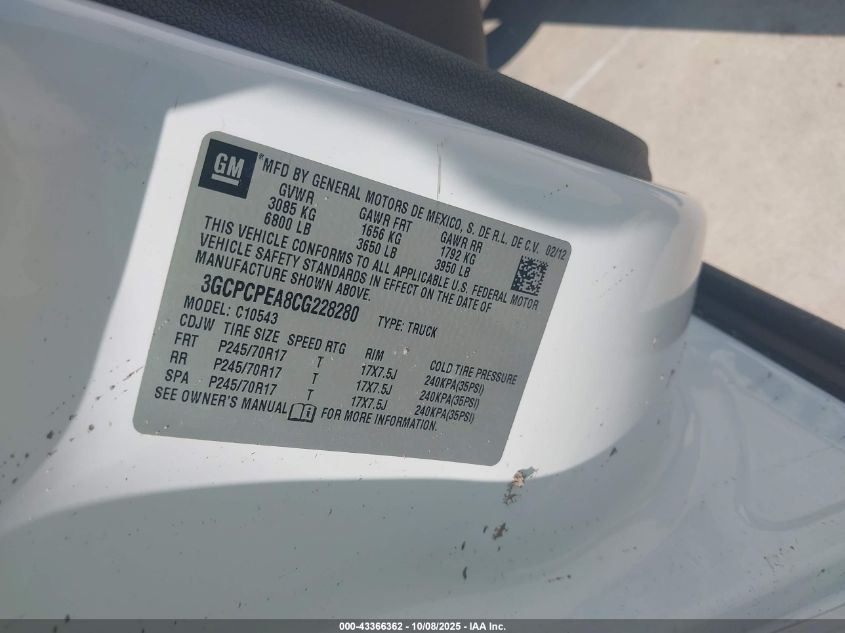 2012 Chevrolet Silverado 1500 Work Truck VIN: 3GCPCPEA8CG228280 Lot: 43366362