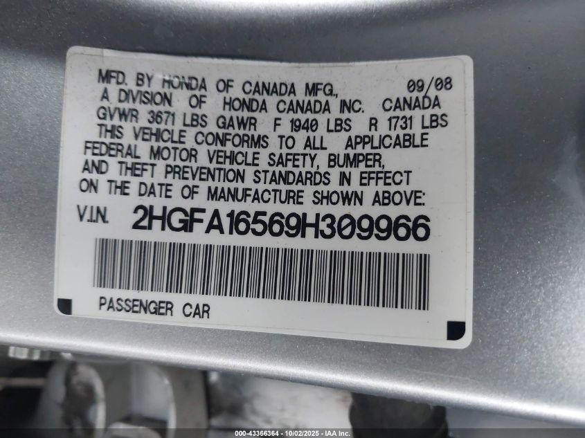 2009 Honda Civic Lx VIN: 2HGFA16569H309966 Lot: 43366364