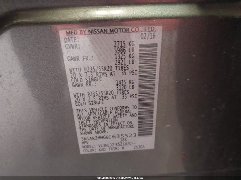 2016 Nissan Pathfinder Platinum VIN: 5N1AR2MM6GC635523 Lot: 43366385