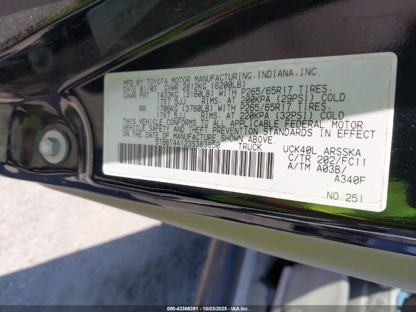 2003 Toyota Tundra Sr5 V8 VIN: 5TBBT44123S383850 Lot: 43366391