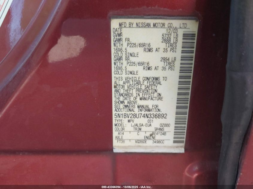 2004 Nissan Quest 3.5 S VIN: 5N1BV28U74N336892 Lot: 43366394