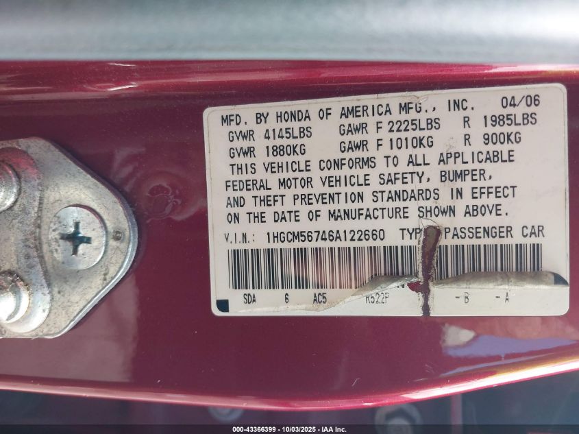 2006 Honda Accord 2.4 Ex VIN: 1HGCM56746A122660 Lot: 43366399