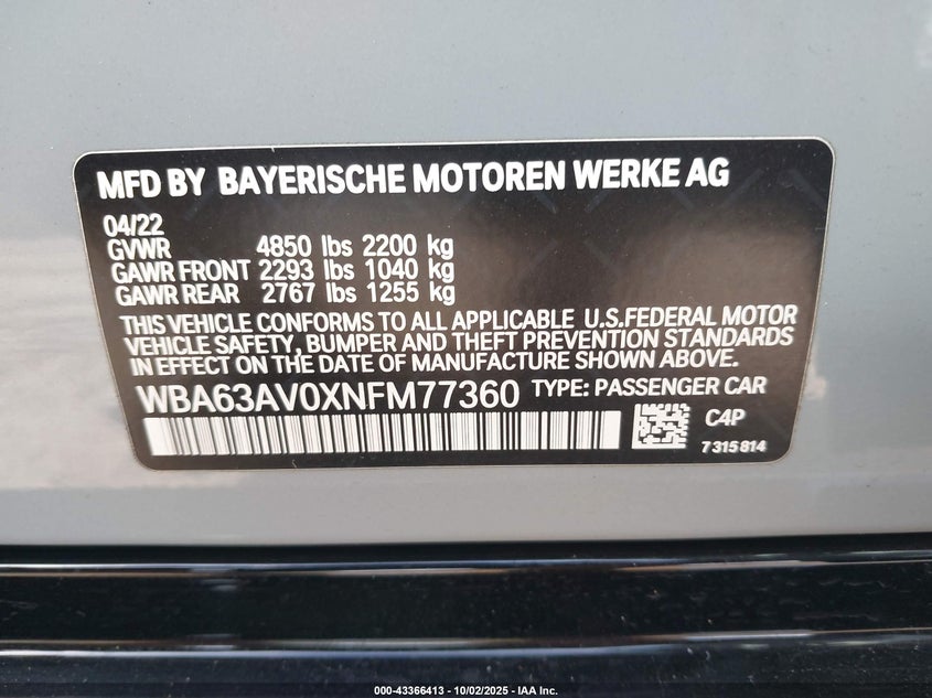 2022 BMW 430I GRAN COUPE - WBA63AV0XNFM77360