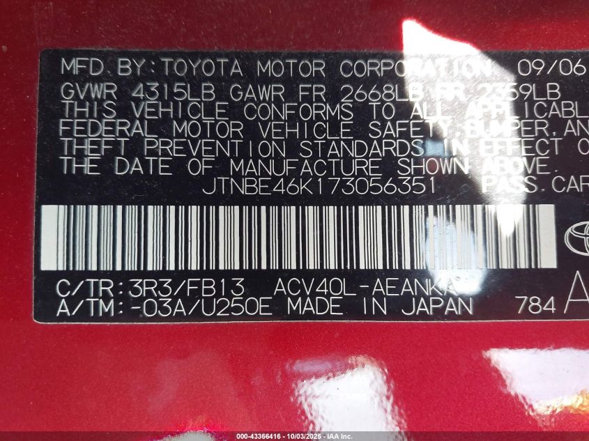 2007 Toyota Camry Le VIN: JTNBE46K173056351 Lot: 43366416