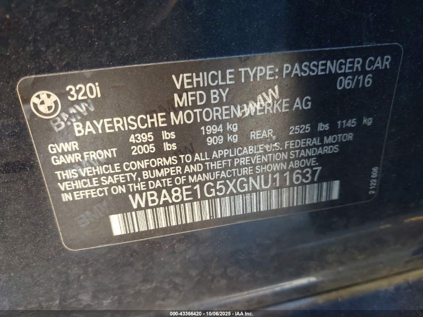 2016 BMW 320I VIN: WBA8E1G5XGNU11637 Lot: 43366420