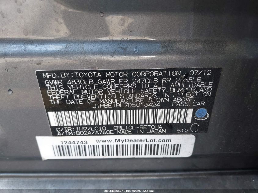 2013 Lexus Gs 350 VIN: JTHBE1BL7D5013424 Lot: 43366427