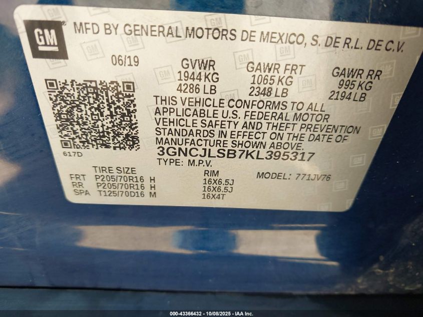 2019 Chevrolet Trax Lt VIN: 3GNCJLSB7KL395317 Lot: 43366432