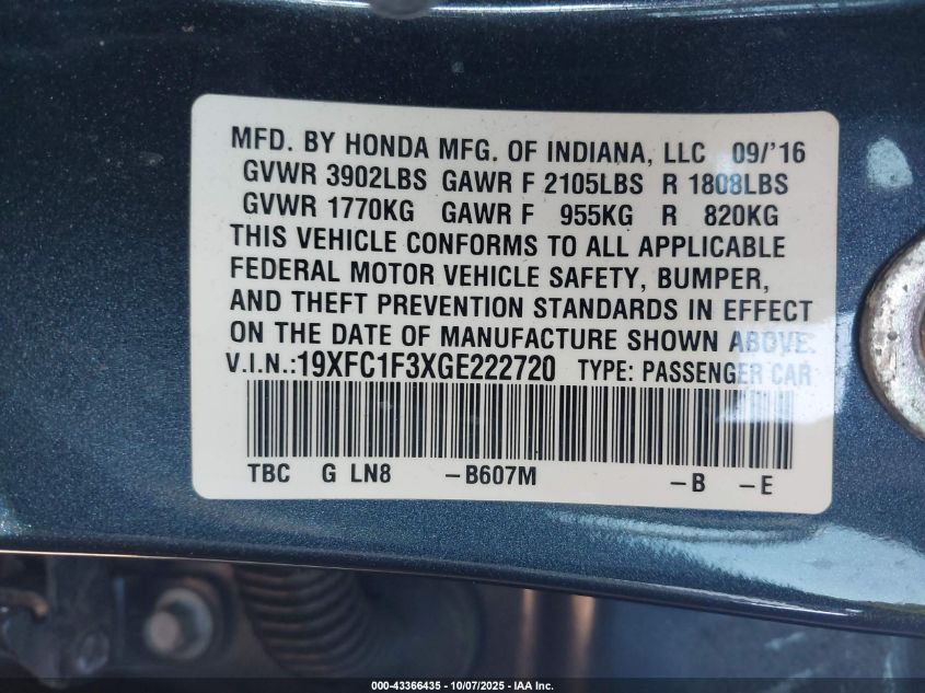 2016 Honda Civic Ex-T VIN: 19XFC1F3XGE222720 Lot: 43366435
