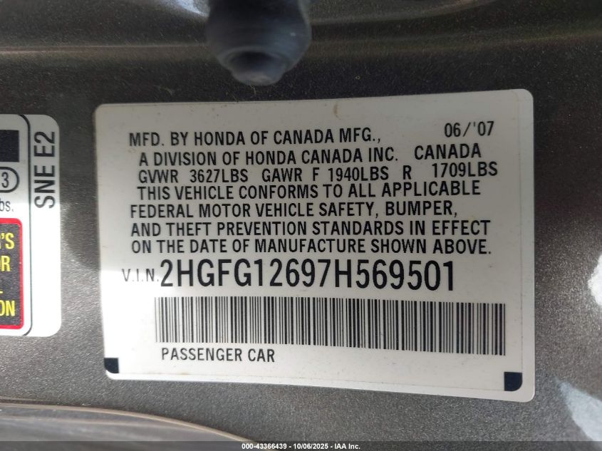 2007 Honda Civic Lx VIN: 2HGFG12697H569501 Lot: 43366439