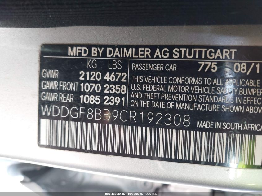 2012 Mercedes-Benz C 300 Luxury 4Matic/Sport 4Matic VIN: WDDGF8BB9CR192308 Lot: 43366445