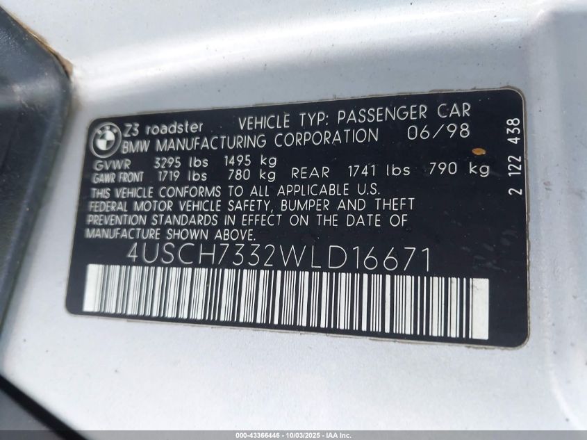 1998 BMW Z3 1.9 VIN: 4USCH7332WLD16671 Lot: 43366446