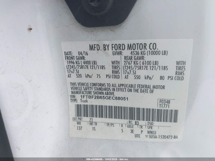2016 Ford F-250 Xl VIN: 1FTBF2B65GEC88051 Lot: 43366458