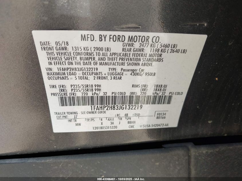 2018 Ford Taurus Sel VIN: 1FAHP2H83JG132219 Lot: 43366461