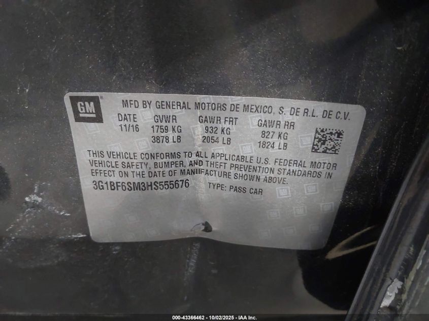 2017 Chevrolet Cruze Premier Auto VIN: 3G1BF6SM3HS555676 Lot: 43366462