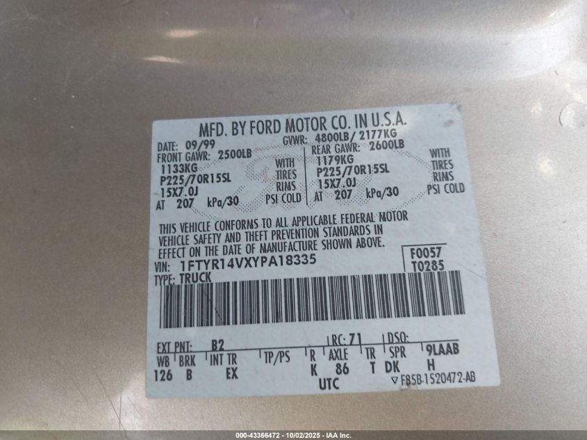 2000 Ford Ranger Xl/Xlt VIN: 1FTYR14VXYPA18335 Lot: 43366472