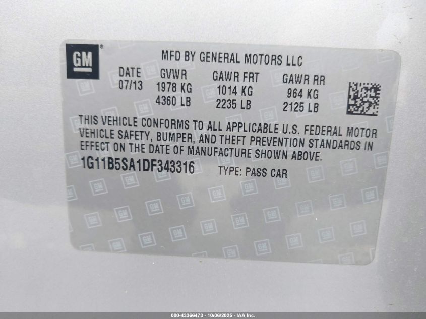 2013 Chevrolet Malibu 1Ls VIN: 1G11B5SA1DF343316 Lot: 43366473