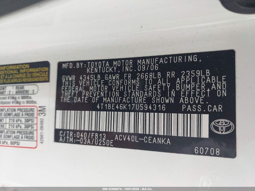 2007 Toyota Camry Le VIN: 4T1BE46K17U594316 Lot: 43366474