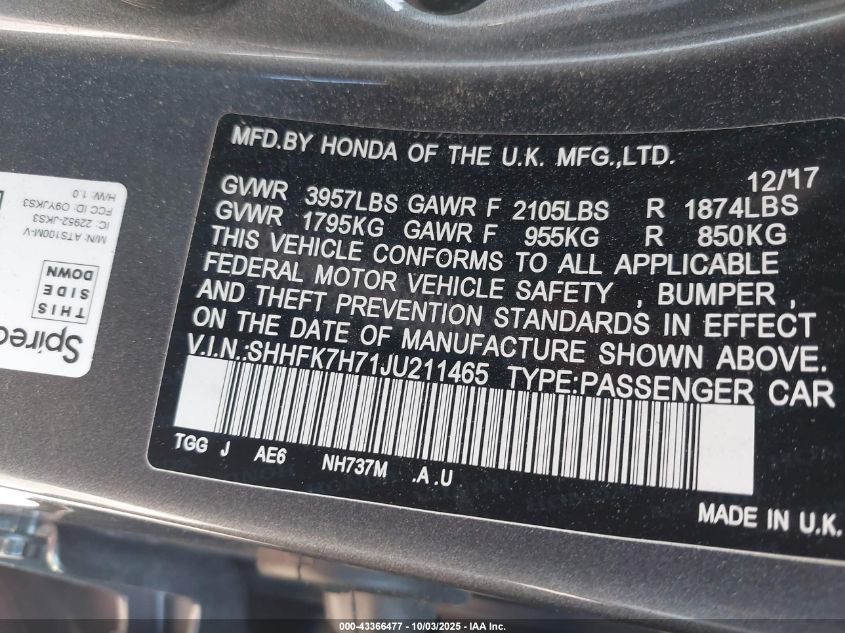 2018 Honda Civic Ex-L VIN: SHHFK7H71JU211465 Lot: 43366477