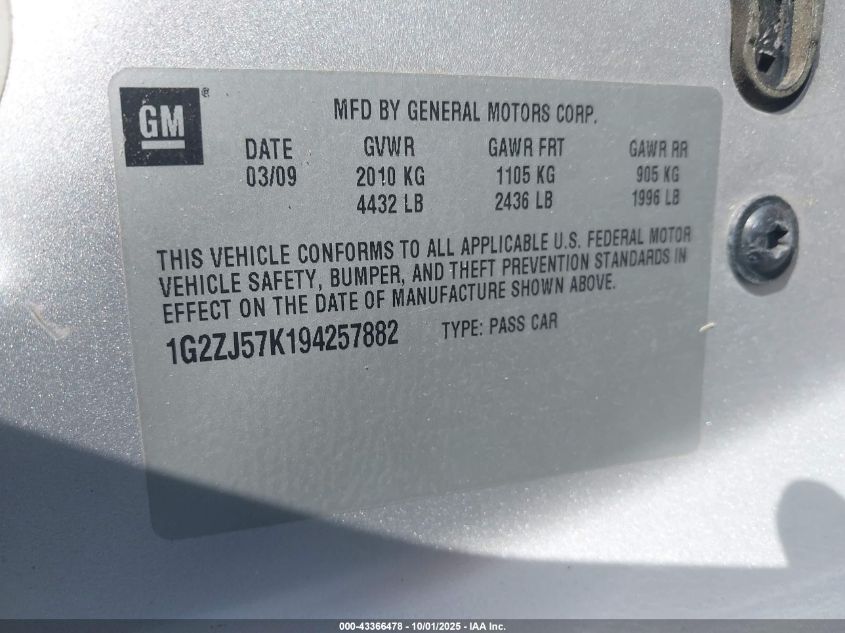 2009 Pontiac G6 New Se VIN: 1G2ZJ57K194257882 Lot: 43366478