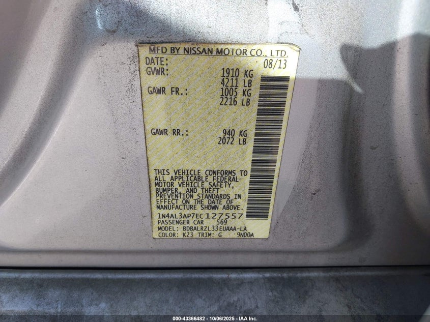 2014 Nissan Altima 2.5 S VIN: 1N4AL3AP7EC127557 Lot: 43366482