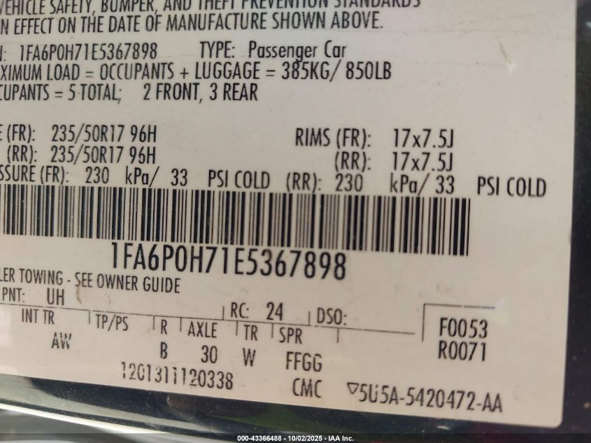 2014 Ford Fusion Se VIN: 1FA6P0H71E5367898 Lot: 43366488